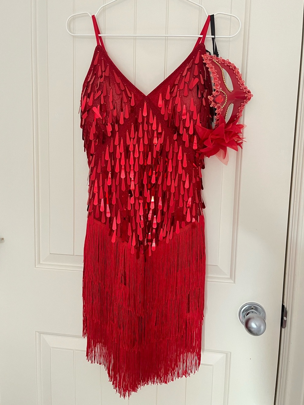 Red sequin and fringe flapper dress costume with matching masquerade mask